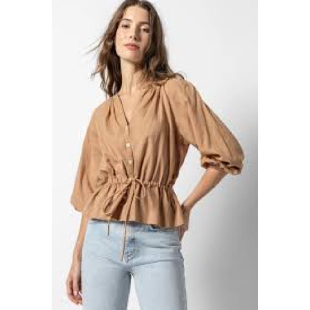 Lillia P. Women Tan Brown Tie Waist Button Down 100% Cotton Blouse size Large